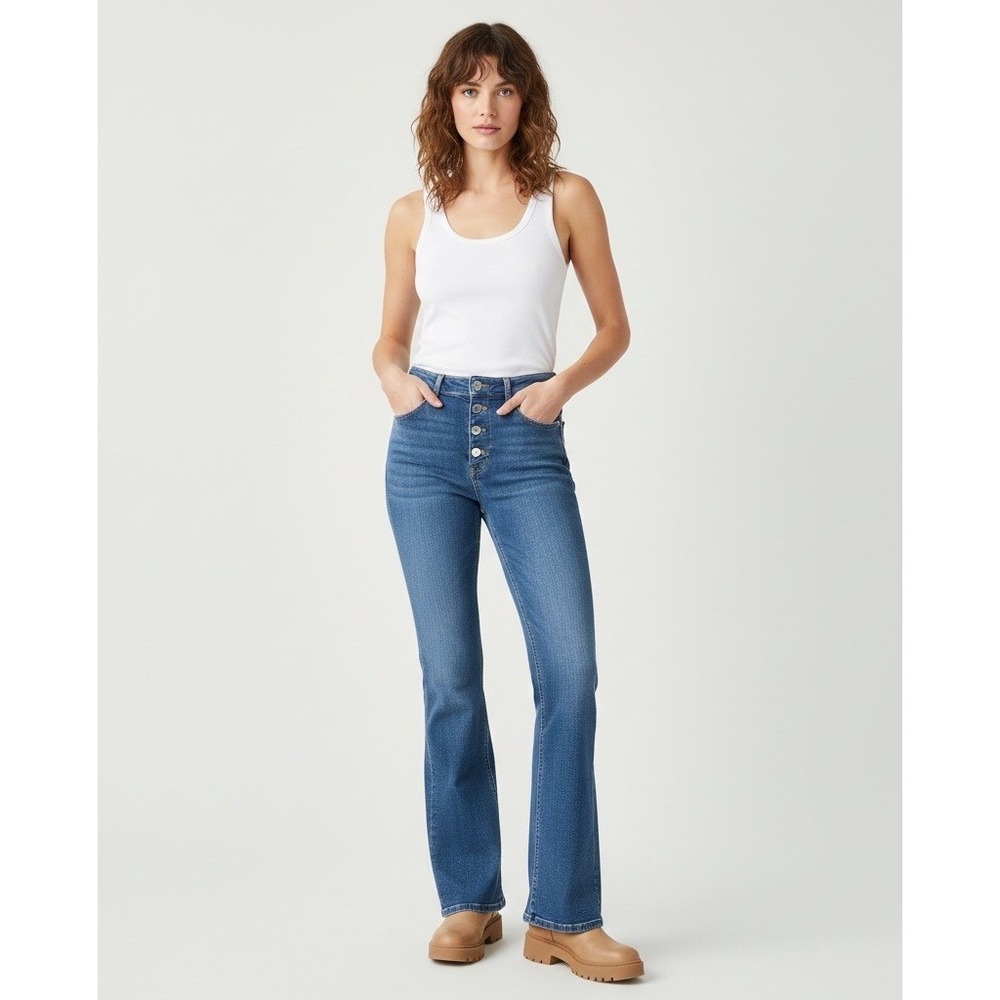 Mango Womens High-Rise Flare Button-Fly Blue Medium Wash Denim Jeans 10